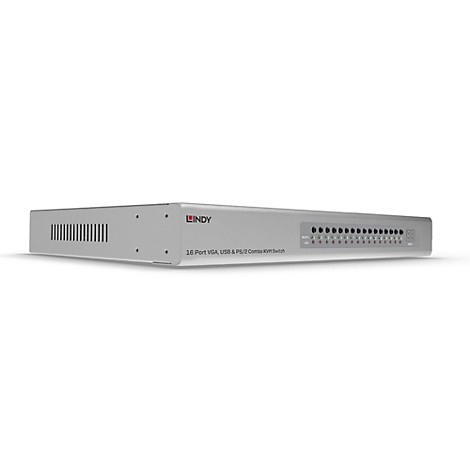 Silberfarbener KVM-Switch mit vielen Anschlüssen und LED-Anzeigen. Beschriftung: LINDY, 16 Port VGA, USB & PS/2 Combo KVM Switch.