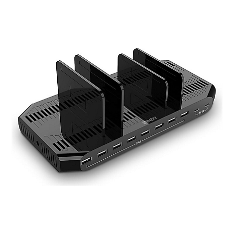 Schwarze USB-Ladestation mit vier Fächern für Geräte, darunter Tablets und Smartphones.