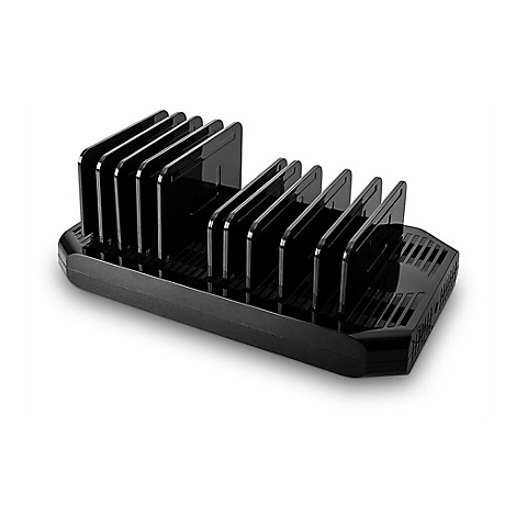 Schwarzer Dokumentenhalter mit mehreren vertikalen Fächern, vor weißem Hintergrund.