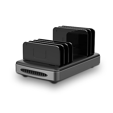 Schwarze Festplatten-Dockingstation auf silbernem Sockel. Sie hat mehrere Schlitze für Festplatten und steht vor weißem Hintergrund.