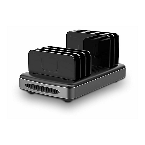 Schwarze Dockingstation für Festplatten. Aufgeteilt in mehrere Fächer, metallisch-grauer Sockel.