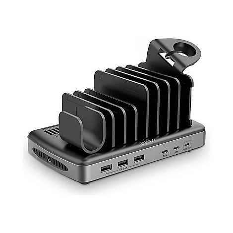 Schwarze Dockingstation für Geräte mit Anschlüssen, Halterung und USB-Ports. Aufdruck 'LINDY'.
