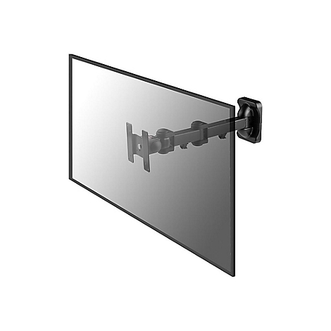 Schwarzer Fernseher an Wandhalterung, aus Metall. Die Halterung ist an der Wand montiert und mit dem Fernseher verbunden.