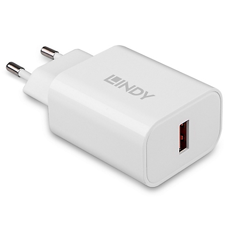 Weißes Ladegerät mit „LINDY“ Schriftzug und USB-Anschluss. Das Produkt liegt vor weißem Hintergrund.
