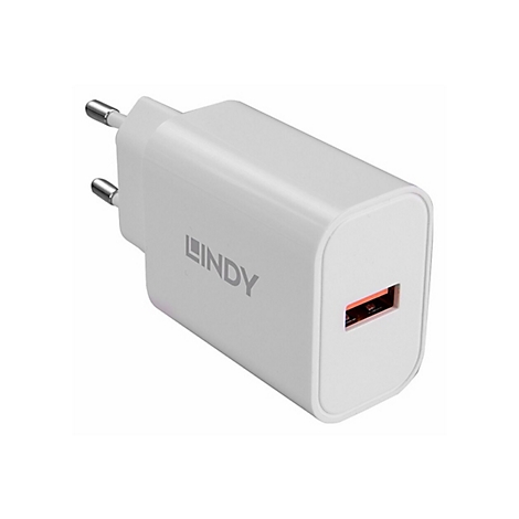 Weißes USB-Ladegerät mit Logo "LINDY" und roter USB-A Buchse.