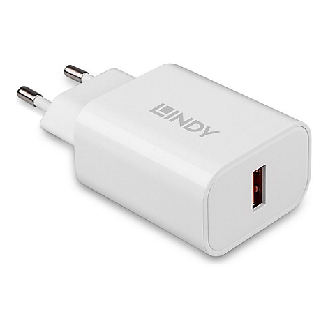 Weißes Lindy-Ladegerät mit USB-Anschluss und Netzstecker. Das Logo ist auf der Oberfläche zu sehen.