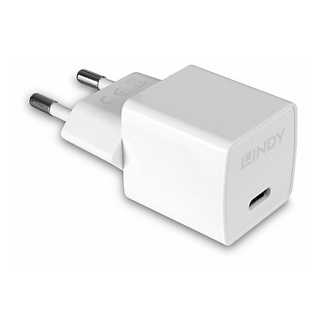 Weißes Netzteil mit USB-Anschluss und Logo der Marke LINDY.