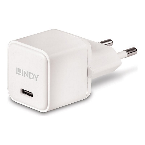 Weißes Lindy-Ladegerät mit USB-C-Anschluss und Netzstecker.