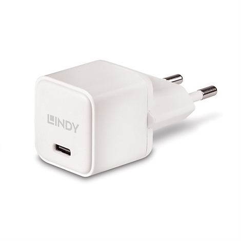 Weißes Lindy USB-C Ladegerät mit deutschem Stecker, auf weißem Hintergrund.