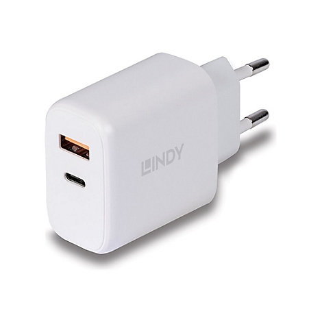Weißes USB-Ladegerät mit Logo, USB-A- und USB-C-Anschluss, Stecker. Aufschrift LINDY.