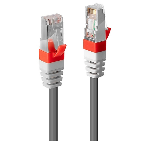 Zwei graue Netzwerkkabel mit roten und weißen Akzenten. Die Stecker sind aus transparentem Kunststoff.