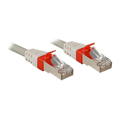 Zwei graue Netzwerkkabel mit roten und silbernen Steckern, vor weißem Hintergrund.