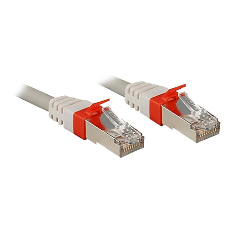 Zwei graue Netzwerkkabel mit orangefarbenen und silbernen Steckern, perspektivisch fotografiert.