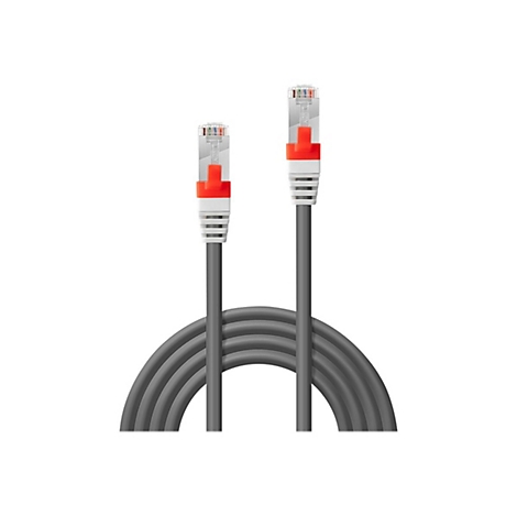 Zwei graue Netzwerkkabel mit roten Akzenten und weißen Details; Kabel sind zu einer Schleife geformt, weißer Hintergrund.