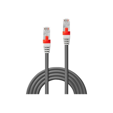 Graues Netzwerkkabel mit roten und weißen Akzenten auf weißem Hintergrund.