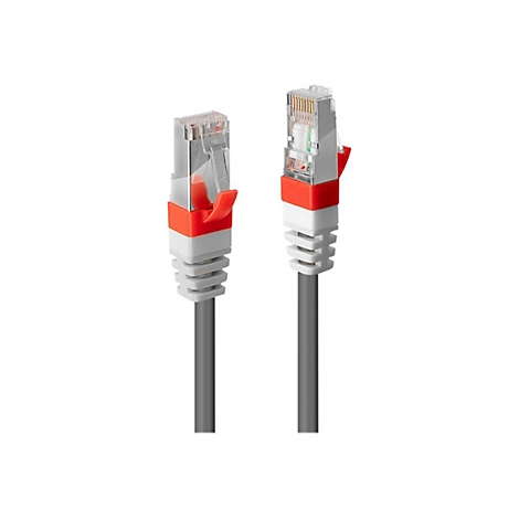 Zwei graue Netzwerkkabel mit orangefarbenen und weißen Akzenten. Die Stecker sind transparent.