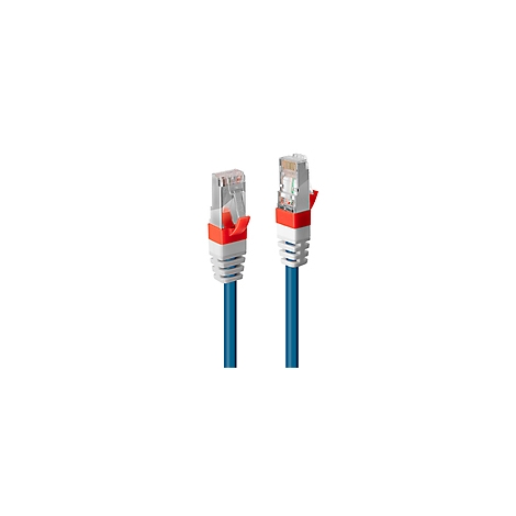Zwei blaue Ethernet-Kabel mit roten und weißen Steckern, die nebeneinander liegen.