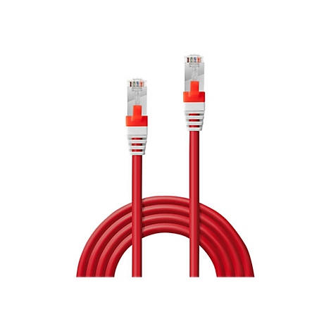 Rotes Netzwerkkabel mit transparenten Steckern auf weißem Hintergrund.