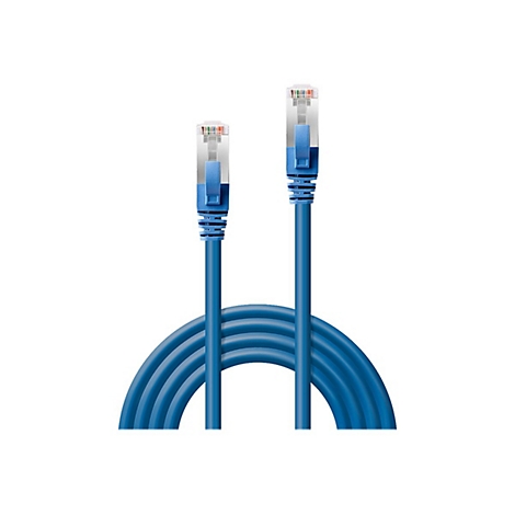 Blaues Ethernet-Netzwerkkabel mit RJ45-Steckern vor weißem Hintergrund.