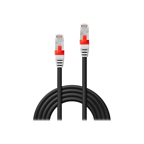 Zwei schwarze Netzwerkkabel mit roten und weißen Steckern, vor weißem Hintergrund.