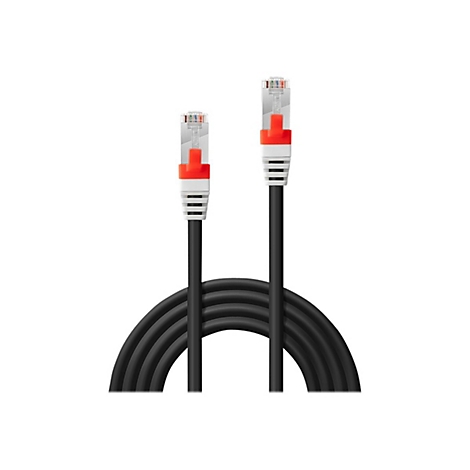 Zwei schwarze Netzwerkkabel mit roten und weißen Steckern, vor weißem Hintergrund.