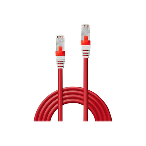 Rotes Netzwerkkabel mit Steckern; weißer und roter Stecker, die an einem gewellten Kabel befestigt sind.