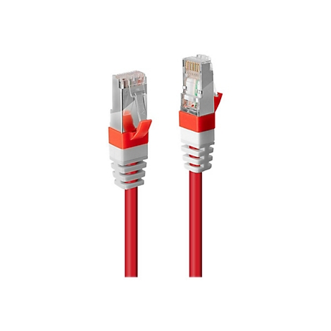 Zwei rote Netzwerkkabel mit Steckern vor weißem Hintergrund.