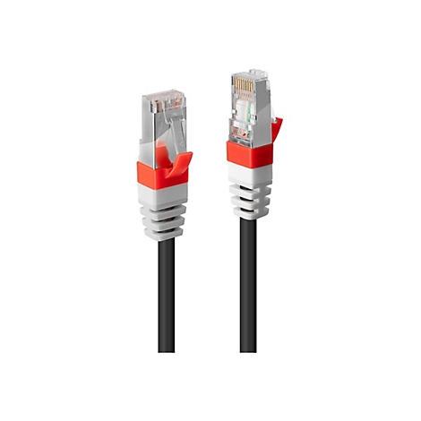 Zwei schwarze Netzwerkkabel mit grauen, roten und weißen Steckern. Der Stecker zeigt die Kontakte aus Metall.