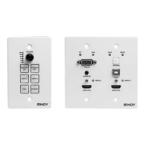 Zwei weiße Wandplatten mit Bedienelementen und Anschlüssen. Links: Lautstärke, Display Ein/Aus, HDMI 1/2, VGA, System. Rechts: VGA-Eingang, HDMI-Eingänge, Anschlüsse.