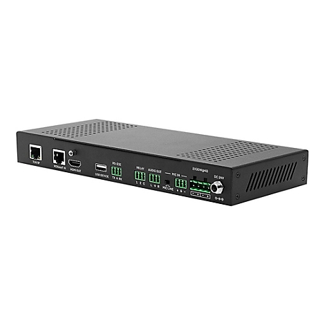 Schwarzes elektronisches Gerät mit Anschlüssen für HDMI, USB, RS-232 und Netzwerk. Beschriftung und Beschriftungen sind auf dem Gerät sichtbar.