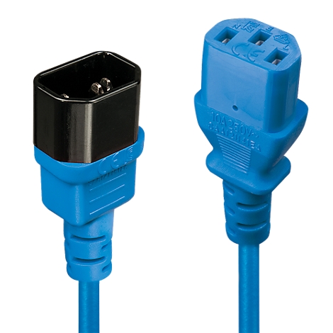 Zwei blaue Netzkabelstecker mit schwarzen und blauen Teilen. Auf dem blauen Stecker sind technische Daten zu sehen.