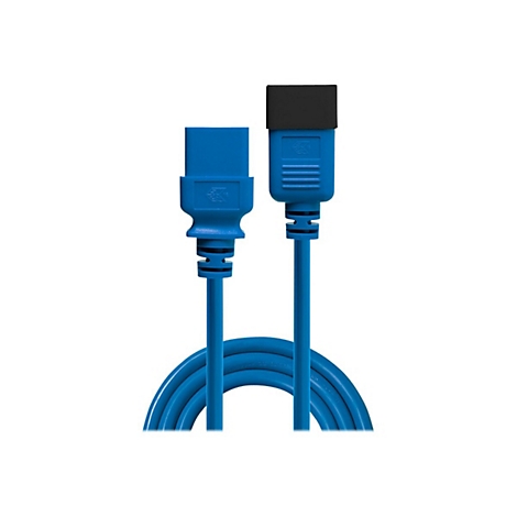 Blaues Kabel mit zwei Steckern, links eckig, rechts rechteckig mit schwarzer Abdeckung. Auf weißem Grund.