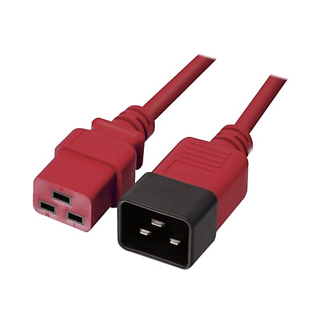 Rotes Netzkabel mit zwei Anschlüssen. Ein Stecker schwarz, der andere rot.