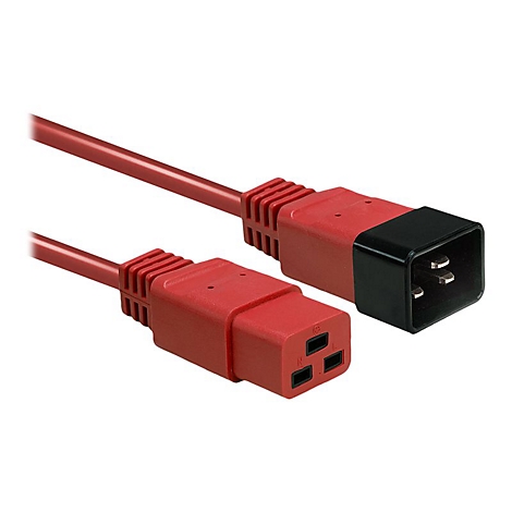 Rotes Netzkabel mit drei Kontaktöffnungen und schwarzem Stecker.