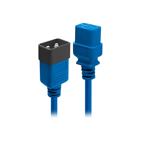 Zwei blaue Netzkabel mit schwarzen und grauen Steckern, freigestellt vor weißem Hintergrund.