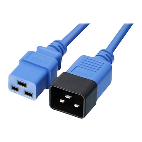 Zwei blaue Netzkabel-Stecker, der eine mit drei Löchern, der andere mit drei Stiften. Schwarze und blaue Farbgebung.