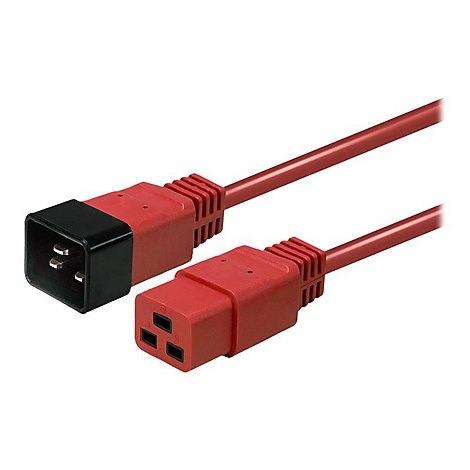 Rotes Netzkabel mit schwarzen und roten Steckern vor weißem Hintergrund. Zwei Stecker sind zu sehen.