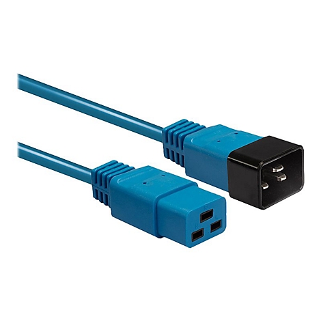 Blaues Netzkabel mit schwarzen Steckern. Der Stecker hat drei Löcher, ein kleineres Loch und zwei größere.