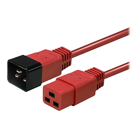 Rotes Stromkabel mit schwarzen und roten Steckern vor weißem Hintergrund. Der Stecker hat drei Löcher.