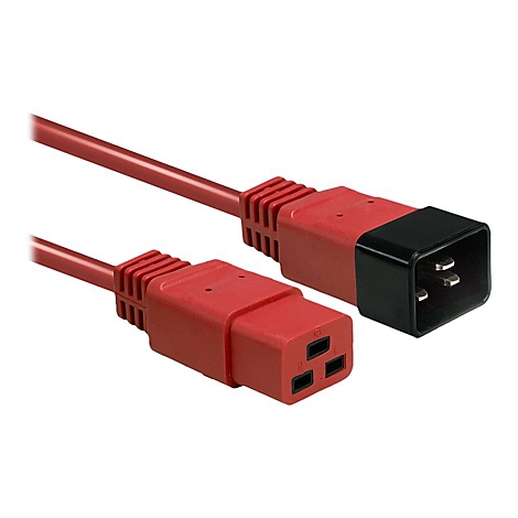 Rotes Netzkabel mit schwarzen und roten Anschlüssen. Der Stecker hat drei Stifte, der Stecker drei Öffnungen.