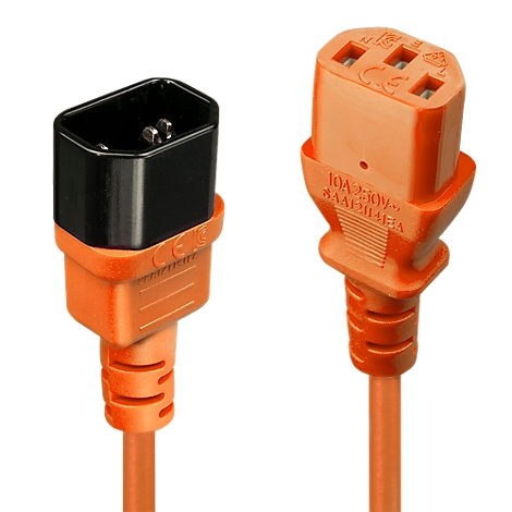 Zwei orangefarbene Netzkabel mit schwarzen und orangefarbenen Steckern. Auf einem Stecker steht "10A 250V~".