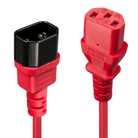 Zwei rote Stromkabel-Stecker mit schwarzen und roten Gehäusen, vor schwarzem Hintergrund.