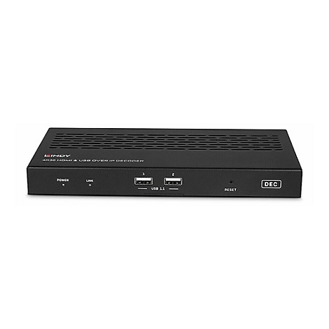 Décodeur Lindy 4K30 HDMI & USB over IP noir avec ports et étiquetage.