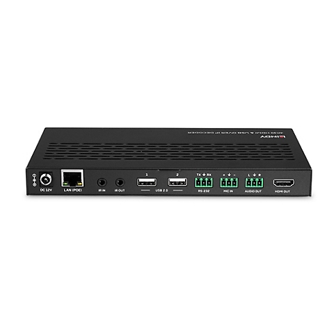 Décodeur Lindy 4K30 HDMI & USB over IP noir avec divers ports. Étiquettes : DC 12V, LAN, IR IN/OUT, USB 2.0, RS-232, MIC IN, Audio Out, HDMI Out.