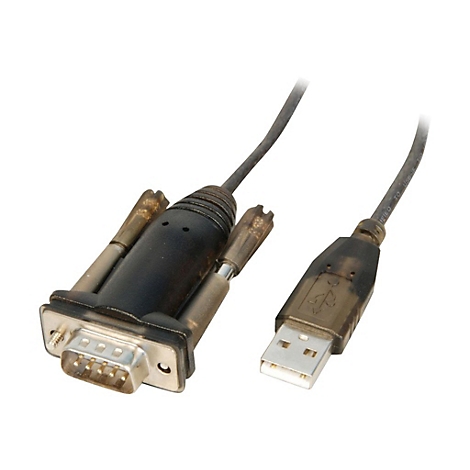 Ein USB-auf-RS232-Adapterkabel. Der RS232-Anschluss hat Schrauben, der USB-Anschluss eine rechteckige Form.