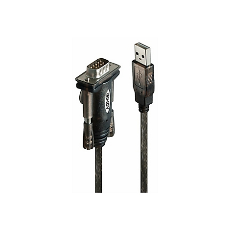 Ein schwarzes USB-auf-RS232-Kabel, mit metallischen Anschlüssen. Der USB-Anschluss ist rechts, der RS232-Anschluss links.