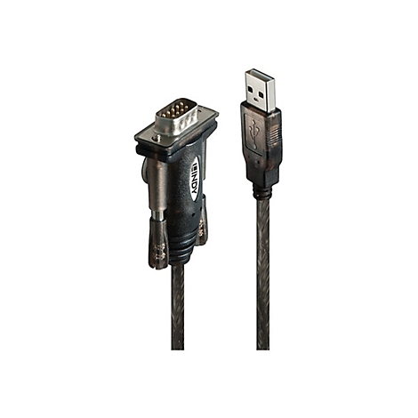 Ein schwarzes Kabel mit einem USB-Stecker an einem Ende und einem seriellen Anschluss am anderen Ende. Auf dem Anschluss steht "LINDY".