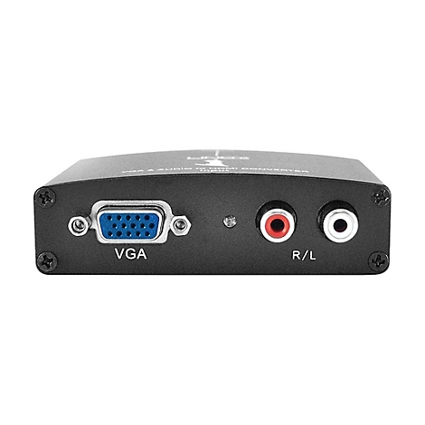 Schwarzer VGA-zu-HDMI-Konverter mit VGA-Anschluss, Audio-Anschlüssen und der Aufschrift R/L.