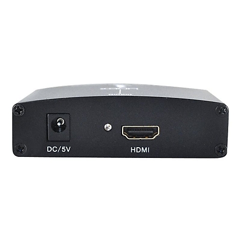 Schwarzer HDMI-Adapter mit Anschlüssen für Strom und HDMI-Kabel. Aufschrift: DC/5V und HDMI.