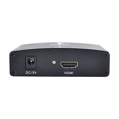 Schwarzer HDMI-Konverter mit DC/5V Anschluss und HDMI-Anschluss, Schrauben an den Ecken.